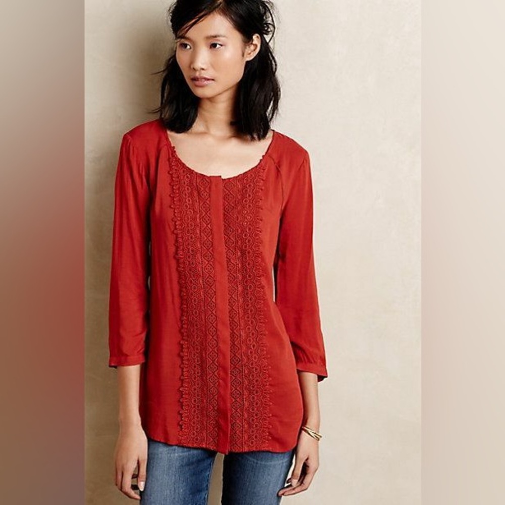 Anthropologie Maeve Rust Orange Crochet Front Boho Top Blouse Womens 2 Fall